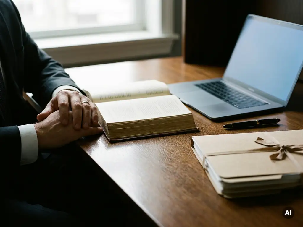 Juridische professional met handen op open wetboek aan donker eiken bureau, met laptop, dossier en vulpen in zacht raamlicht.